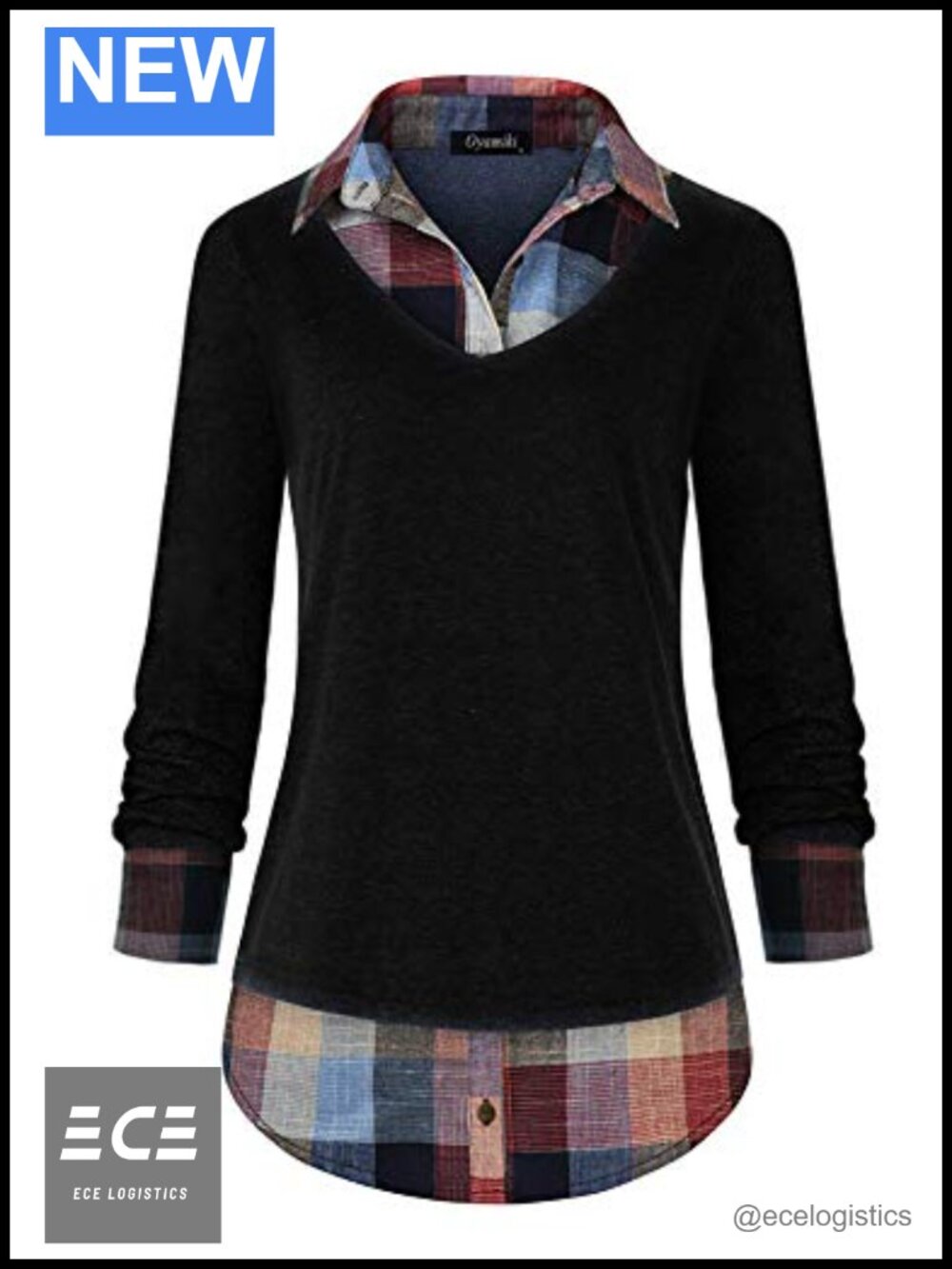 2 in 1 Collared Curved Hem Pullover Tunic Top Plaid Contrast Blouse